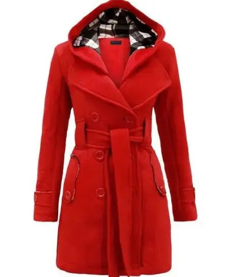 Winter Women's Hooded Trench Coat Double Breasted Long Parka Jacket Warm Outwear