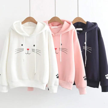 Aua n Co Winter Premium Fleece Cute Cat Pullover Hoodie for Women for Girls